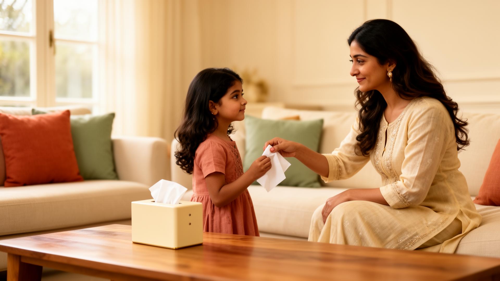 A mother handing a soft Pulp Touch facial tissue to her daughter at home