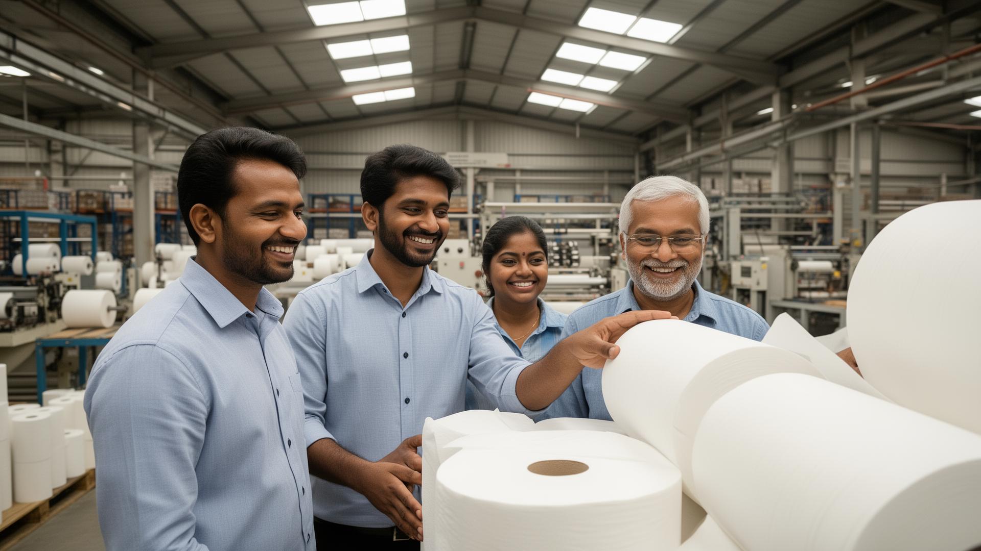 Pulp Touch production team inspecting finished tissue rolls